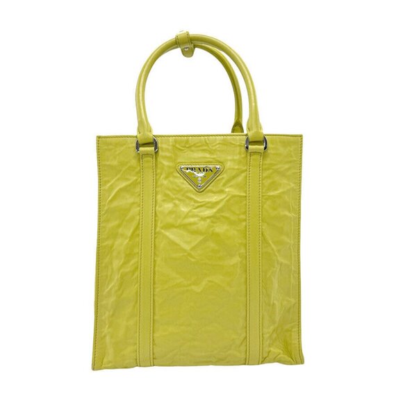 Auth PRADA Handbag Shoulder Bag Yellow Green Leather/Silvertone - z3099 - Picture 1 of 13